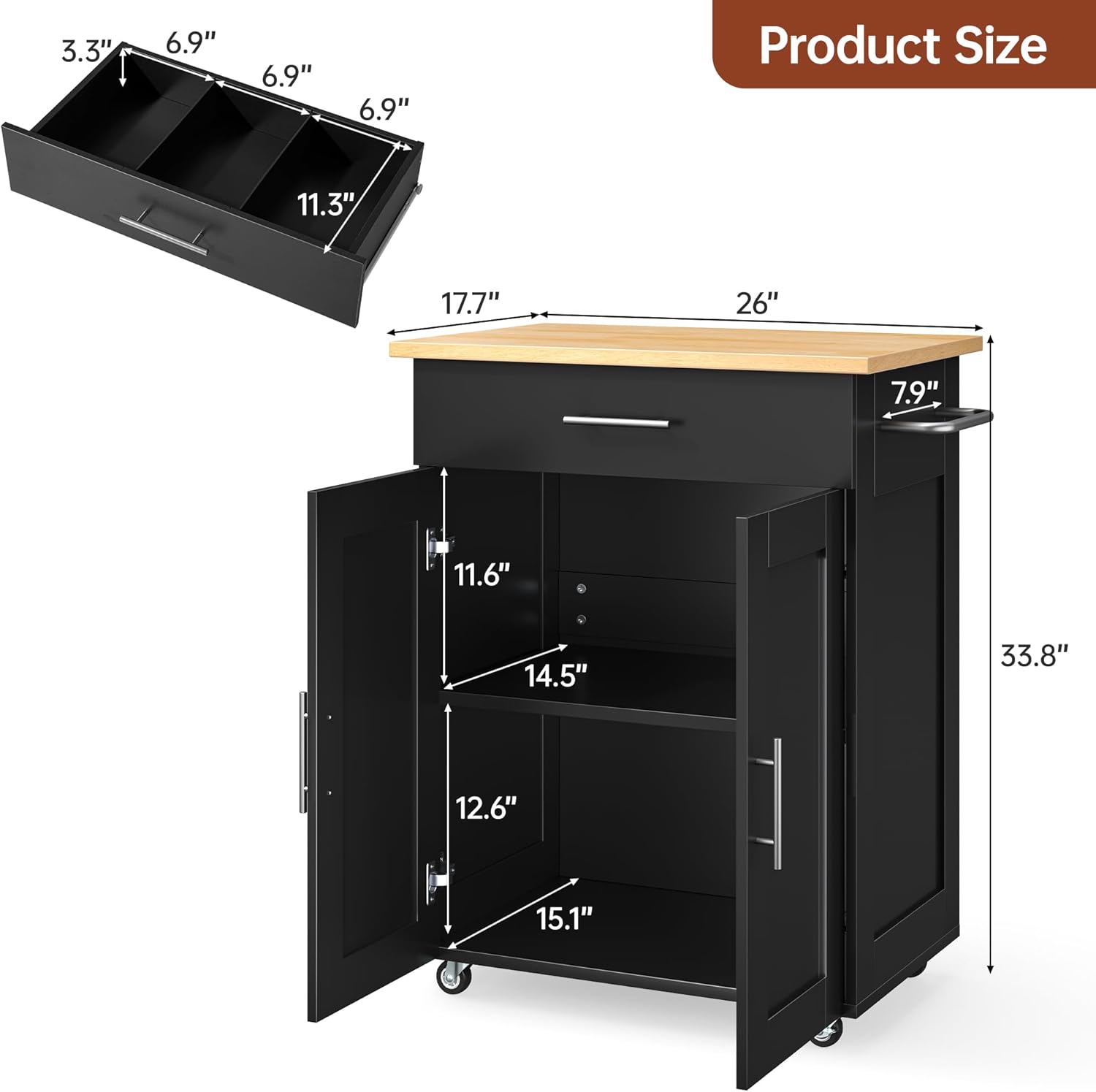 Kitchen Island Cart with Storage, Small Kitchen Island on Wheels with Large Drawer, Adjustable Shelf & Towel Rack, Rolling Island Table for Kitchen & Dining Room, Black