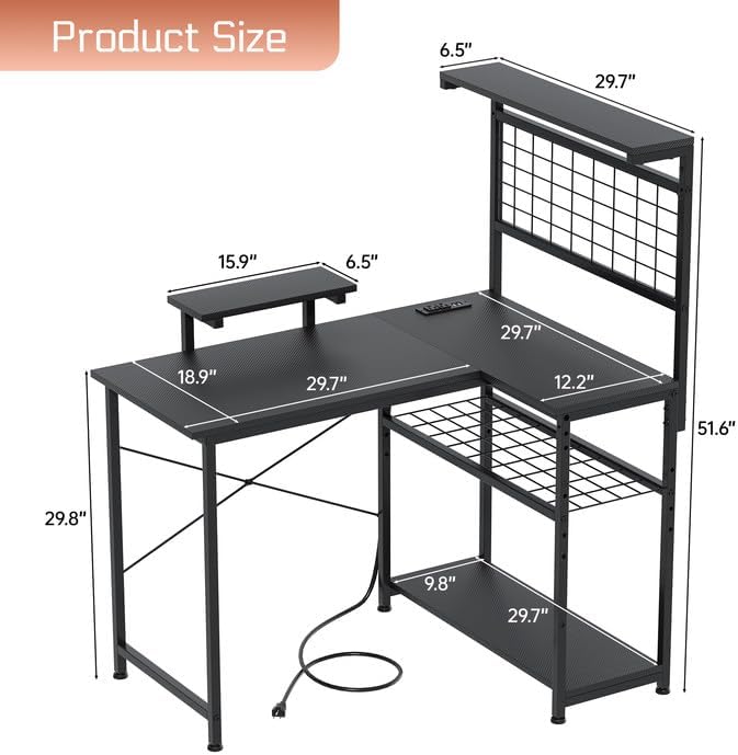 L Shaped Gaming Desk, Reversible Computer Desk with 4-Tier Shelves, Corner Desk with Pegboard, Home Office Desk with LED Lights & Power Outlets Gaming Desk with Storage, Carbon Fiber Black