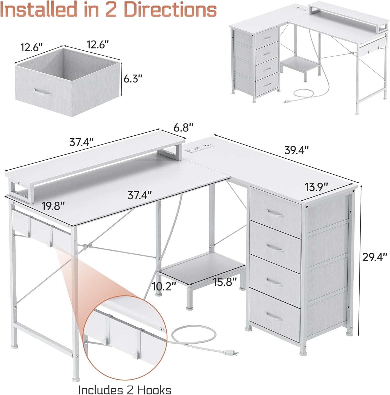 L Shaped Gaming Desk with 4 Drawers, 51" Reversible Computer Desk with Monitor Stand, Home Office Table with USB Port&LED Lights, L Shape Corner Office Desk with Open Shelves&Hooks, White