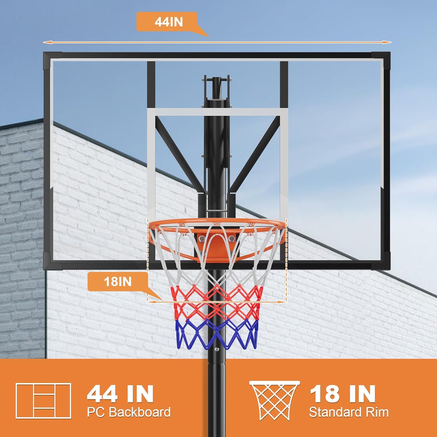 44 Inch Basketball Hoop, 5-10FT Height Adjustable Basketball Hoop Goal System with Shatterproof Backboard and Wheels, Outdoor Portable Basketball Goals for Backyard, Garage, Park (Hand Crank)