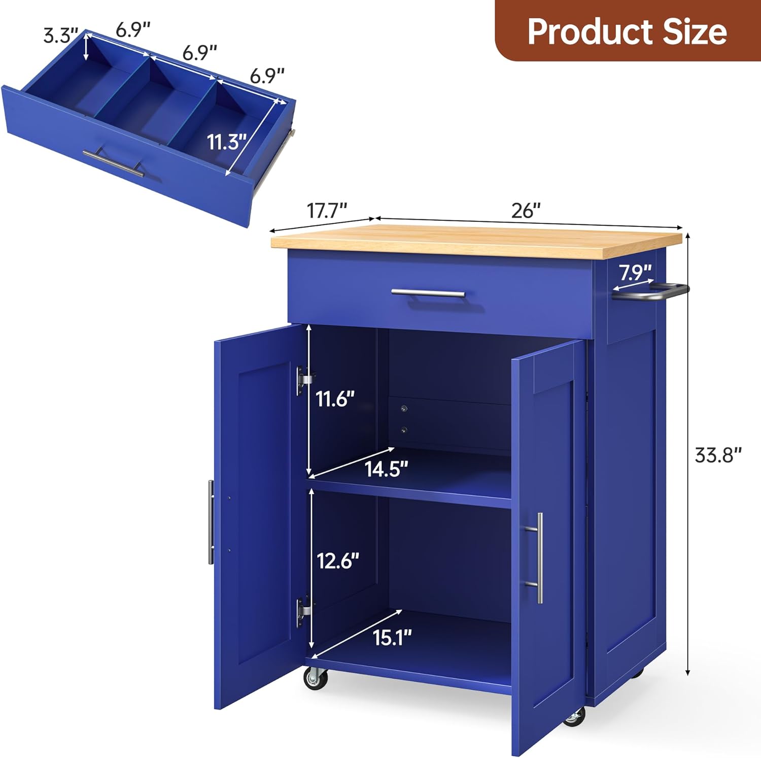 Kitchen Island Cart with Storage, Small Kitchen Island on Wheels with Large Drawer, Adjustable Shelf & Towel Rack, Rolling Island Table for Kitchen & Dining Room, Blue