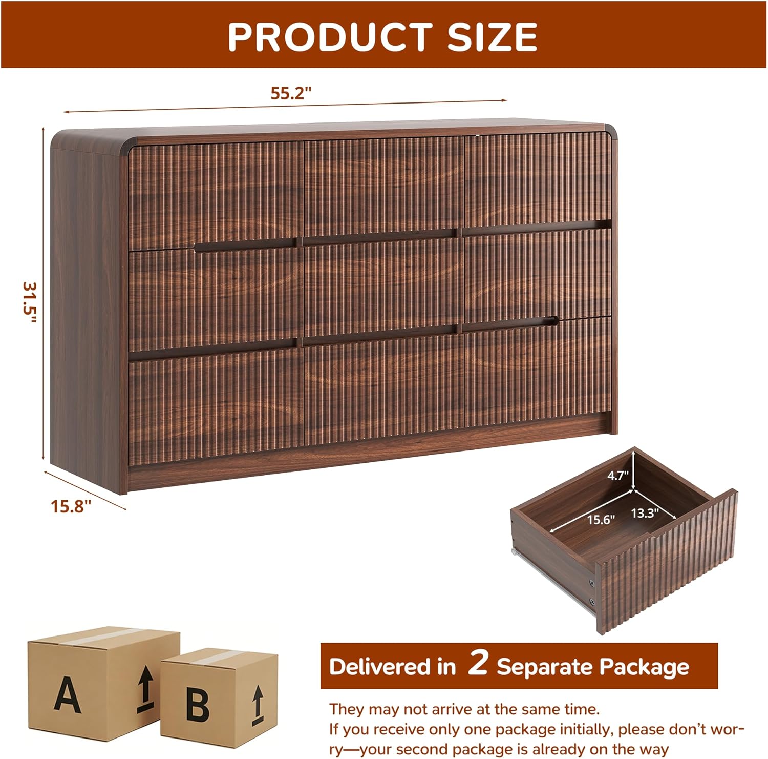 Fluted Dresser for Bedroom, 9 Drawer Dressers for Closet 55" Wide Large Wood Dresser Modern TV Stand, Wooden Clothes Storage Organizer Chest of Drawers for Living Room Hallway Entryway