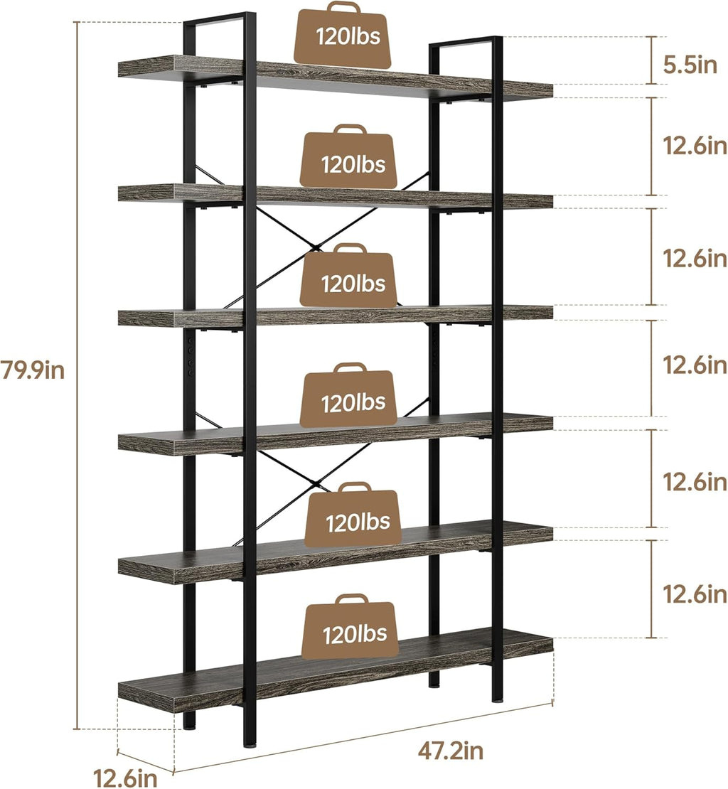 Heavy Duty 6-Tier Industrial Bookcase, 47" Wide Wood Bookshelf for Home Office, 120lbs Shelf Capacity, Rustic Open Shelving Display with Reinforced Horizontal Shelf for Living Room Bedroom, Grey