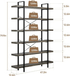 Heavy Duty 6-Tier Industrial Bookcase, 47" Wide Wood Bookshelf for Home Office, 120lbs Shelf Capacity, Rustic Open Shelving Display with Reinforced Horizontal Shelf for Living Room Bedroom, Grey