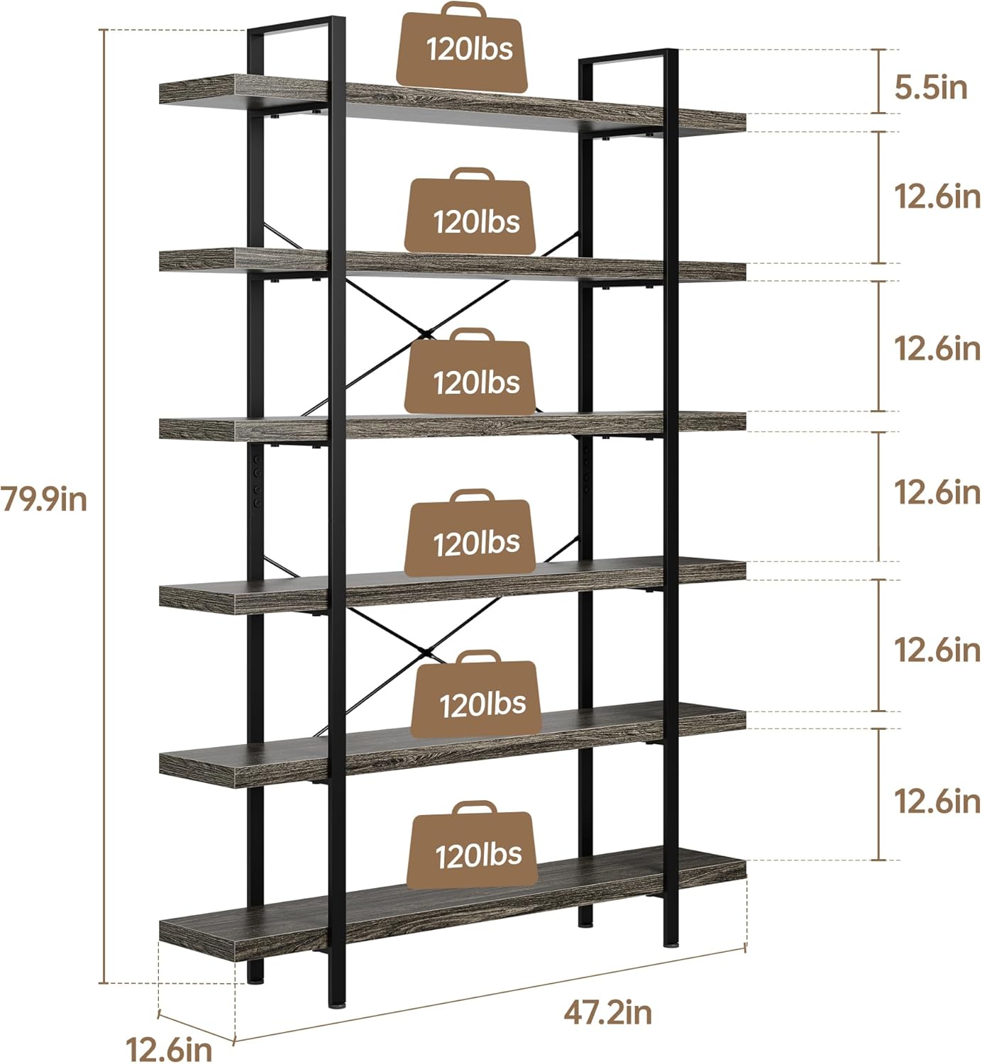 Heavy Duty 6-Tier Industrial Bookcase, 47" Wide Wood Bookshelf for Home Office, 120lbs Shelf Capacity, Rustic Open Shelving Display with Reinforced Horizontal Shelf for Living Room Bedroom, Grey