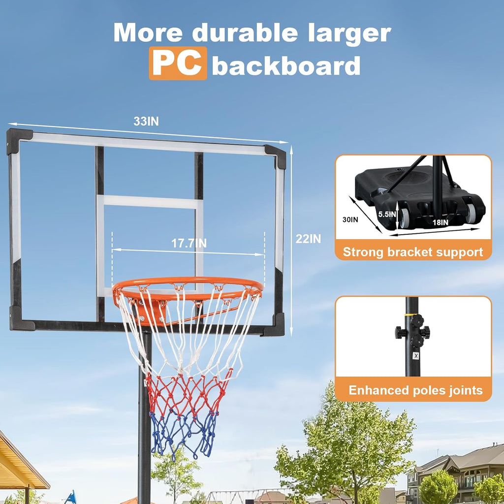 33 in Portable Basketball Hoop Outdoor, 5-10FT Adjustable Basketball Goals with Enlarged Base and PC Backboard, Basketball Hoops System for Backyard, Park