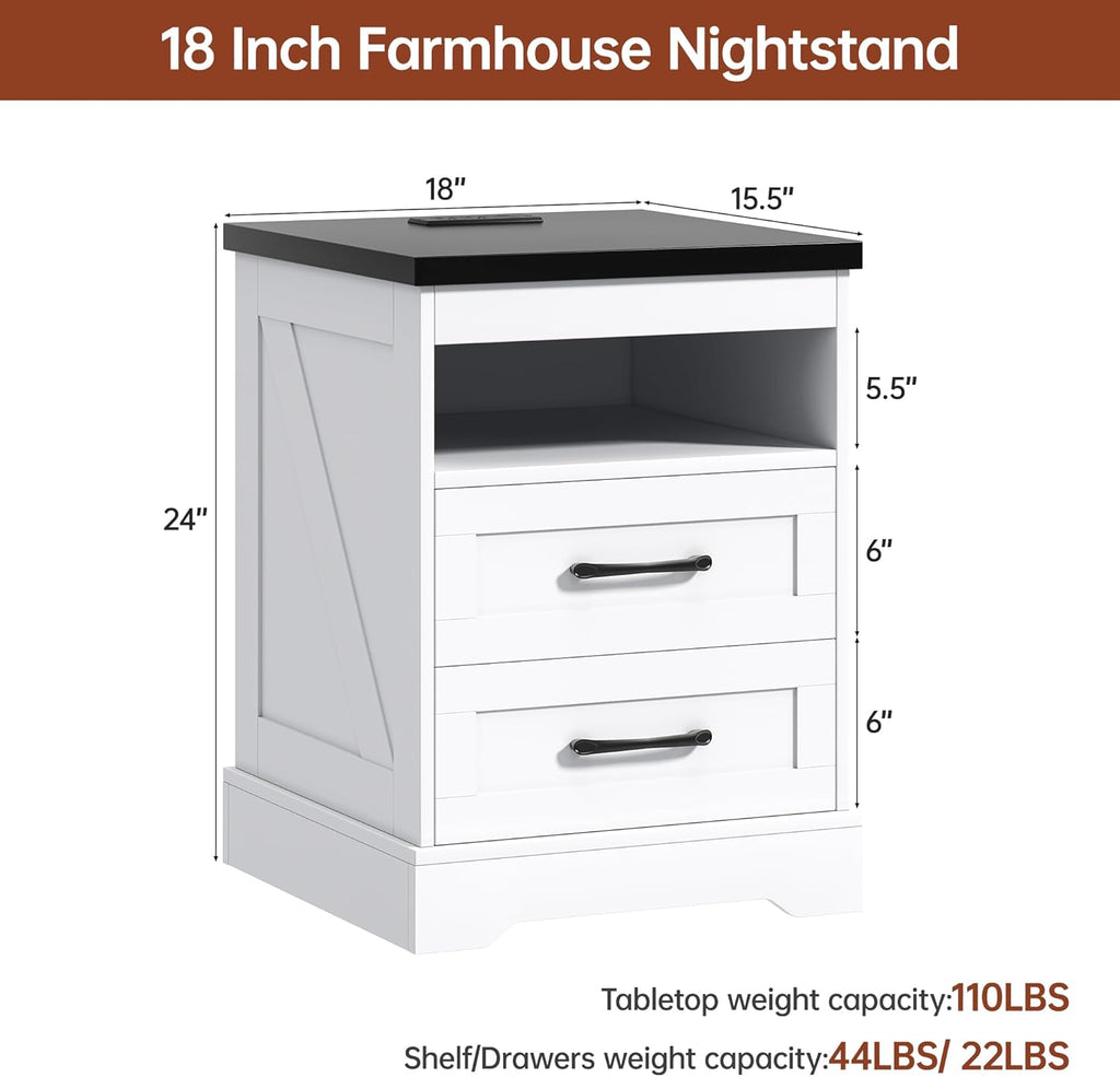 Farmhouse Nightstand with LED Lights and Built-in Power Outlets & USB Ports, Bedside Table with 2 Drawers and Open Storage Shelf, End Table for Bedroom, White