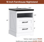 Farmhouse Nightstand with LED Lights and Built-in Power Outlets & USB Ports, Bedside Table with 2 Drawers and Open Storage Shelf, End Table for Bedroom, White