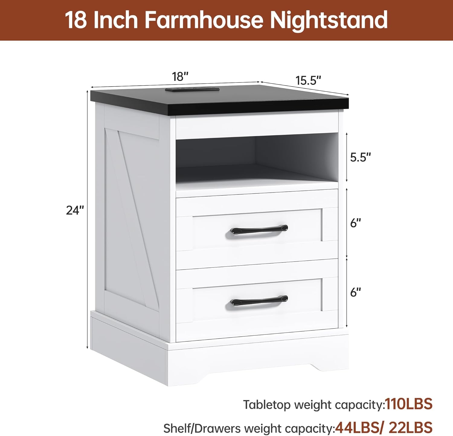 Farmhouse Nightstand with LED Lights and Built-in Power Outlets & USB Ports, Bedside Table with 2 Drawers and Open Storage Shelf, End Table for Bedroom, White