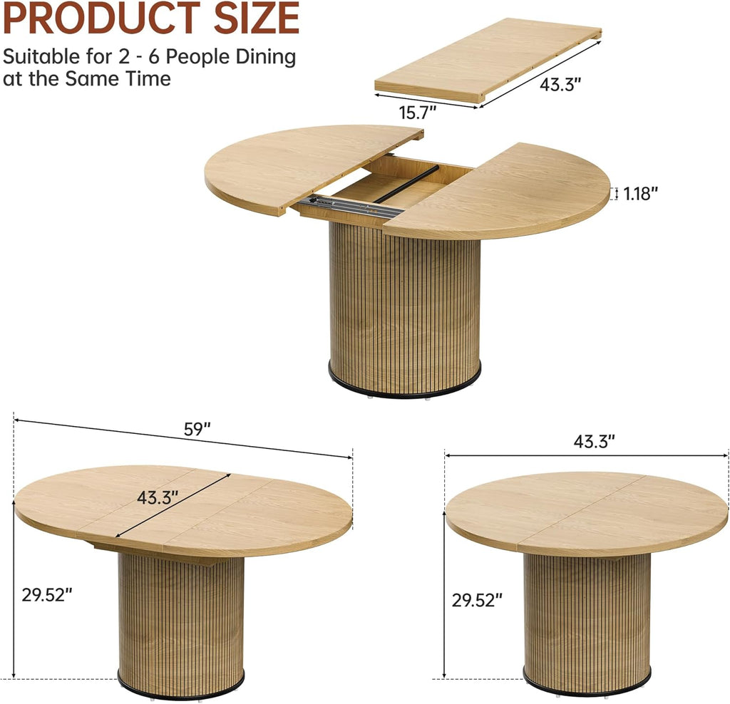 Extendable Dining Room Table Round Dining Table for 4 6 8, 43"-59" Modern Wood Kitchen Table with Removable Leaves Extendable Dinner Tables|Living Room|Small Space