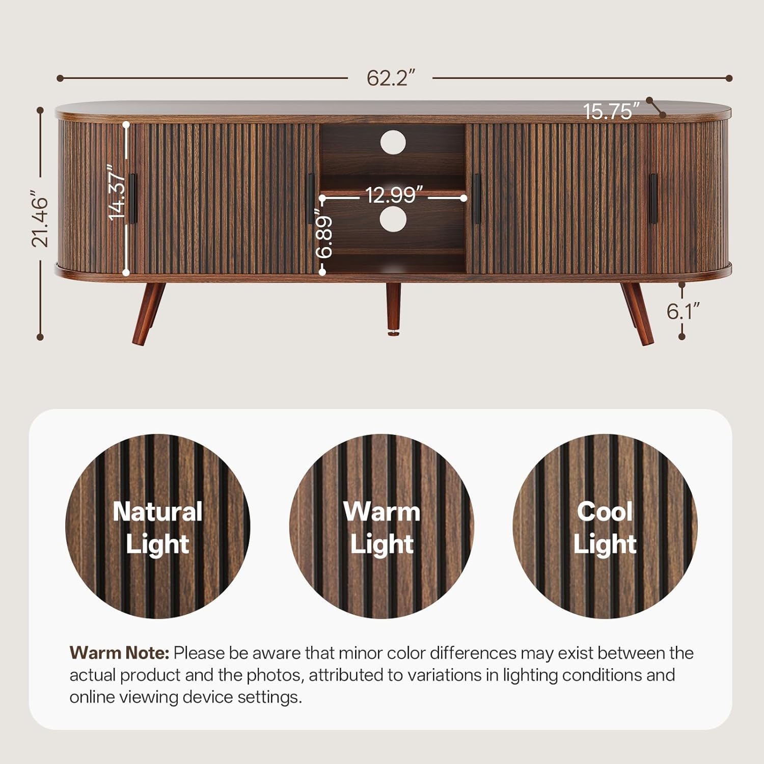62" Fluted TV Stand, Mid Century Modern TV Stand for TVs up to 70", Entertainment Center with Storage, Sliding Doors, Adjustable Shelf, Wood Media Console for Living Room, Bedroom, Walnut
