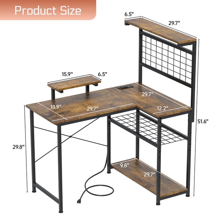 L Shaped Gaming Desk, Reversible Computer Desk with 4-Tier Shelves, Corner Desk with Pegboard, Home Office Desk with LED Lights & Power Outlets Gaming Desk with Storage, Rustic Brown