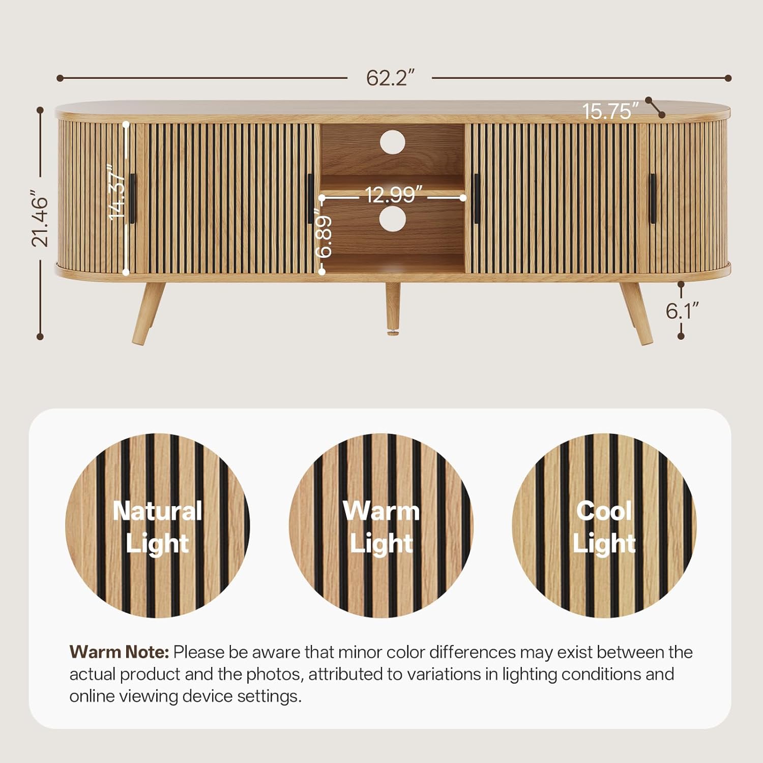 62" Fluted TV Stand, Mid Century Modern TV Stand for TVs up to 70", Entertainment Center with Storage, Sliding Doors, Adjustable Shelf, Wood Media Console for Living Room, Bedroom, Natural