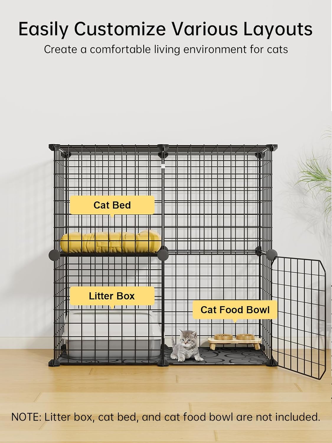 2 Tier Kitten Cage with Climbing Ladder, Sturdy and Stable Metal Wire Cat Enclosure for Indoor Cats, DIY Crate for Ferret, Squirrel and Small Animals, Black