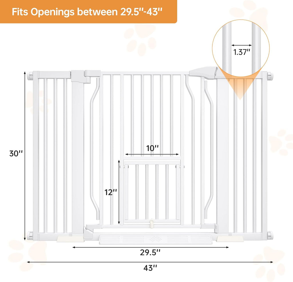 Pet Gate With Cat Door, 29.5-43'' Extra Wide Auto Close Dog Gate Indoor, 1.37'' Narrower Bar Spacing, No Drilling Pressure Mounted Easy Walk Thru for Doorway and Stairs
