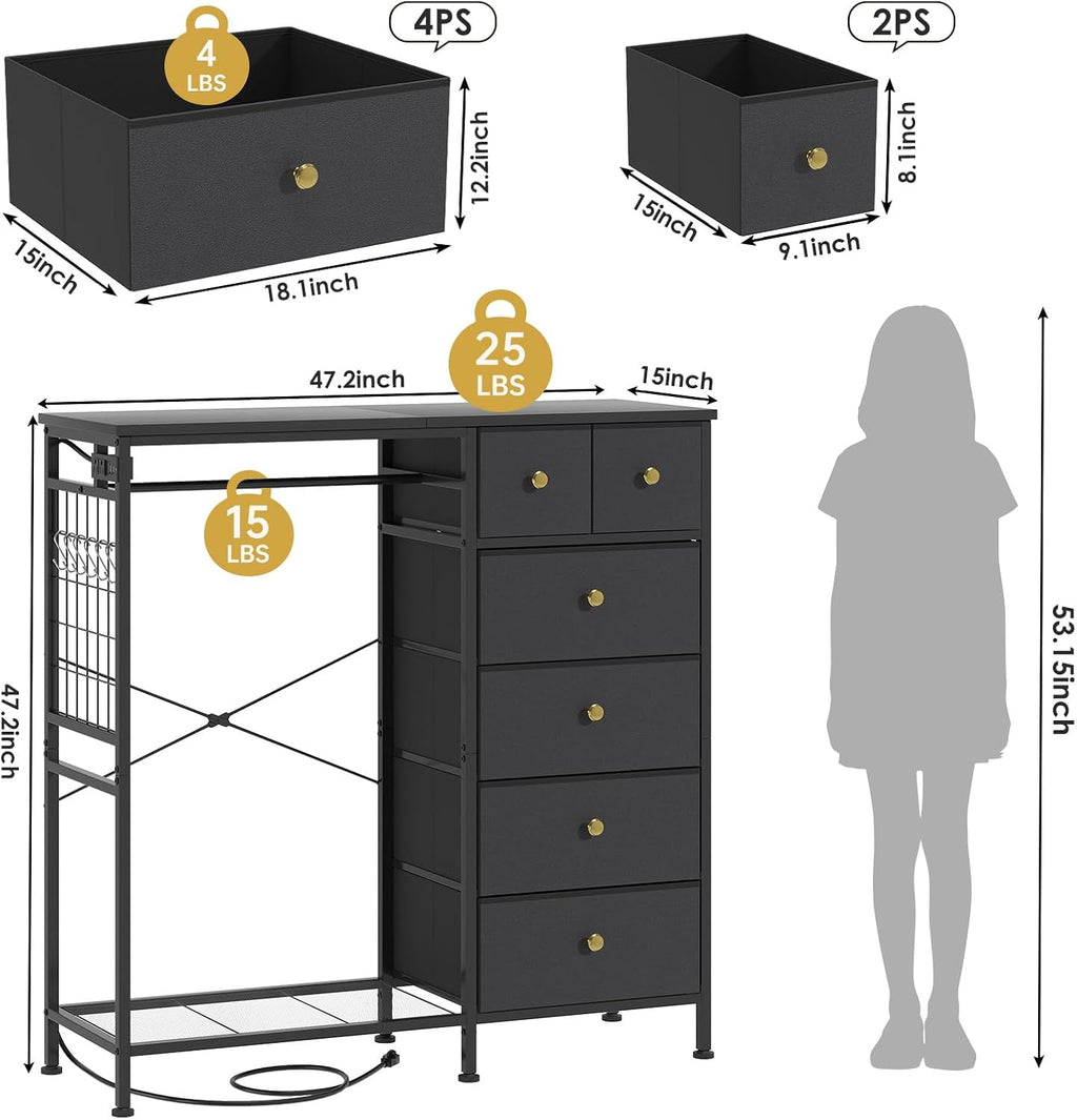 47.2" Black Dresser with Hanging Rack, 2 in 1 Bedroom 6 Drawers Dresser with LED Lights & Charging Station, Wooden Dressers with Fabric Drawers and Clothing Rack for Girls, Kids