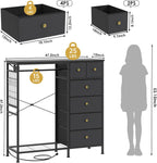 47.2" Black Dresser with Hanging Rack, 2 in 1 Bedroom 6 Drawers Dresser with LED Lights & Charging Station, Wooden Dressers with Fabric Drawers and Clothing Rack for Girls, Kids