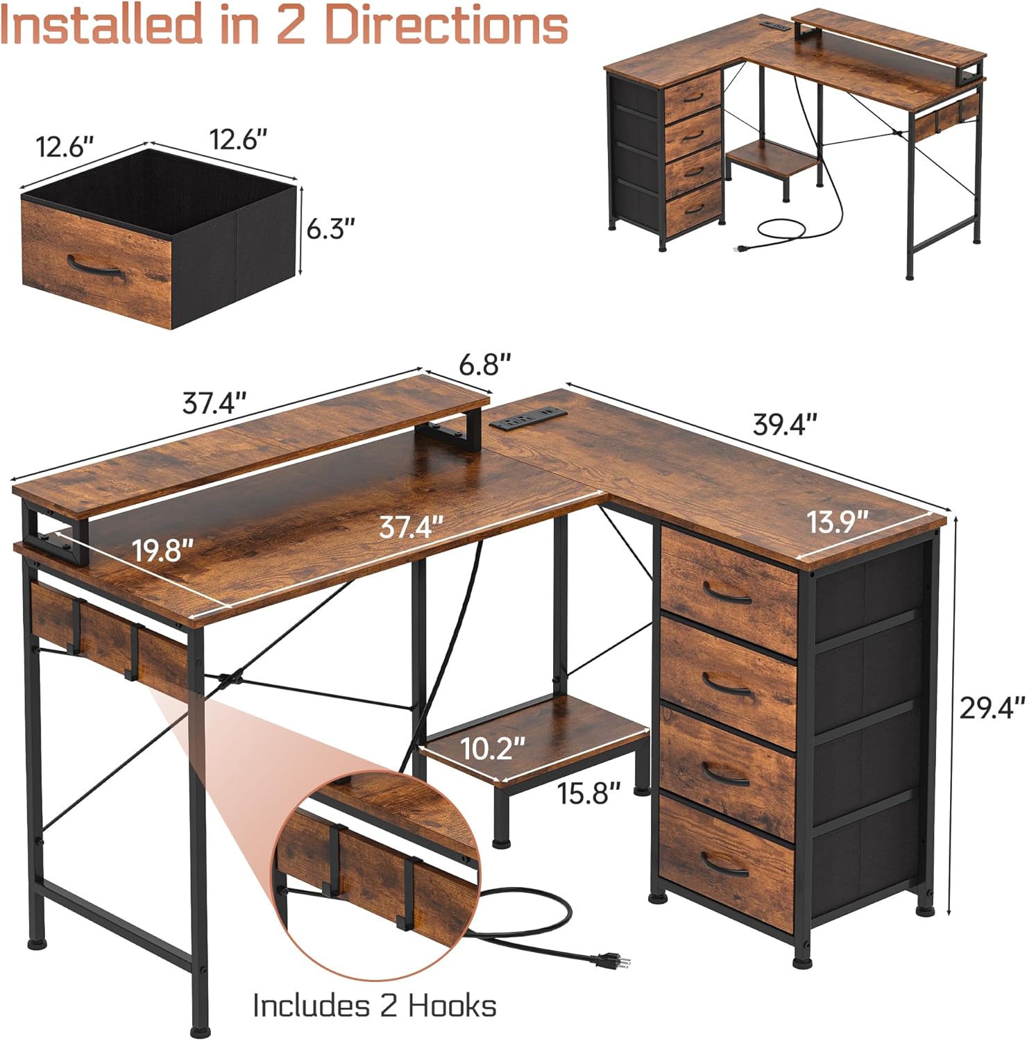 L Shaped Gaming Desk with 4 Drawers, 51" Reversible Computer Desk with Monitor Stand, Home Office Table with USB Port&LED Lights, L Shape Corner Desk with Open Shelves&Hooks, Rustic Brown
