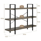 Heavy Duty 3-Tier Industrial Bookcase, 39" Wide Wood Bookshelf for Home Office, 120lbs Shelf Capacity, Rustic Shelving Display with Reinforced Horizontal Shelf for Living Room Bedroom, Grey