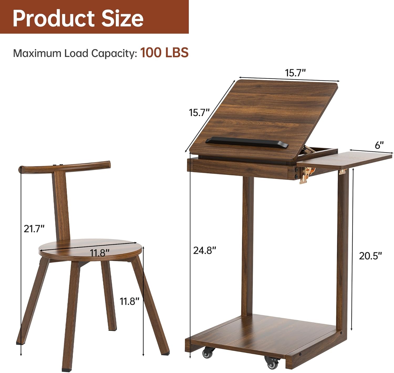C Shaped End Table, Rolling Side Table with 4-Way Convertible Desktop, Wooden C Table with Multi-Functional Folding Tray & Small Chair, Side Table for Couch, Living Room, Bedroom, Walnut