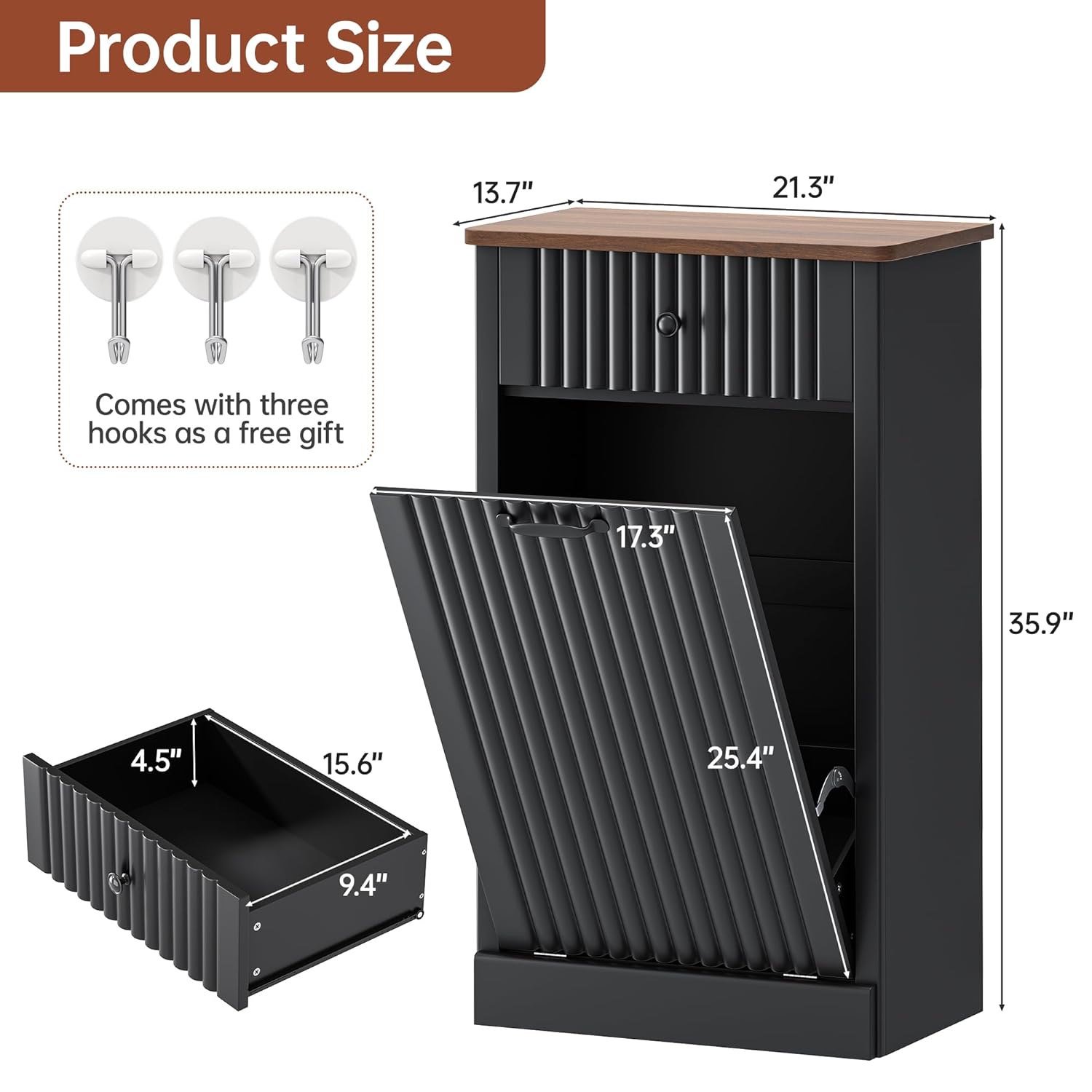 Tilt Out Trash Can Cabinet 10 Gallon, Wooden Laundry Hamper with Hideaway Drawer, Recycling Trash Can Storage for Kitchen Laundry Living Room (Black, 10 Gallon)