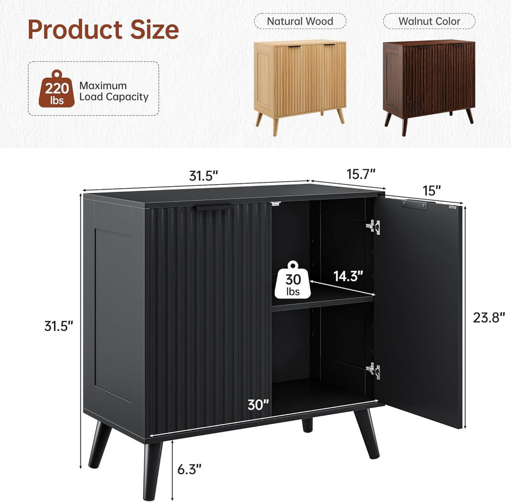 Fluted Sideboard Buffet Cabinet with Storage, Modern Sideboard Cabinet for Dining Room, Accent Credenza with Adjustable Shelves 2 Doors Storage Cabinets for Living Room|Kitchen, Black