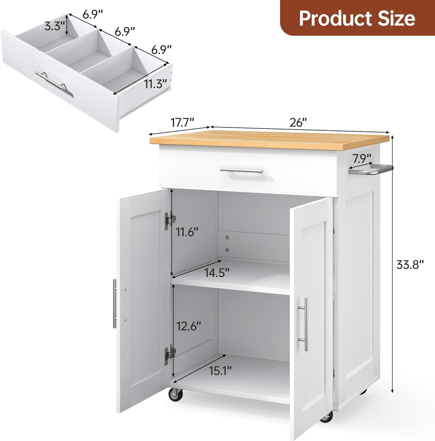 Kitchen Island Cart with Storage, Small Kitchen Island on Wheels with Large Drawer, Adjustable Shelf & Towel Rack, Rolling Island Table for Kitchen & Dining Room, White