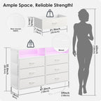 6 Drawer Dresser for Bedroom with LED Lights and Charging Station, Modern Wood Dressers with Extra Side Bag, Double Wide Drawer Cabinet TV Stand for up to 60" TV for Living Room (White)