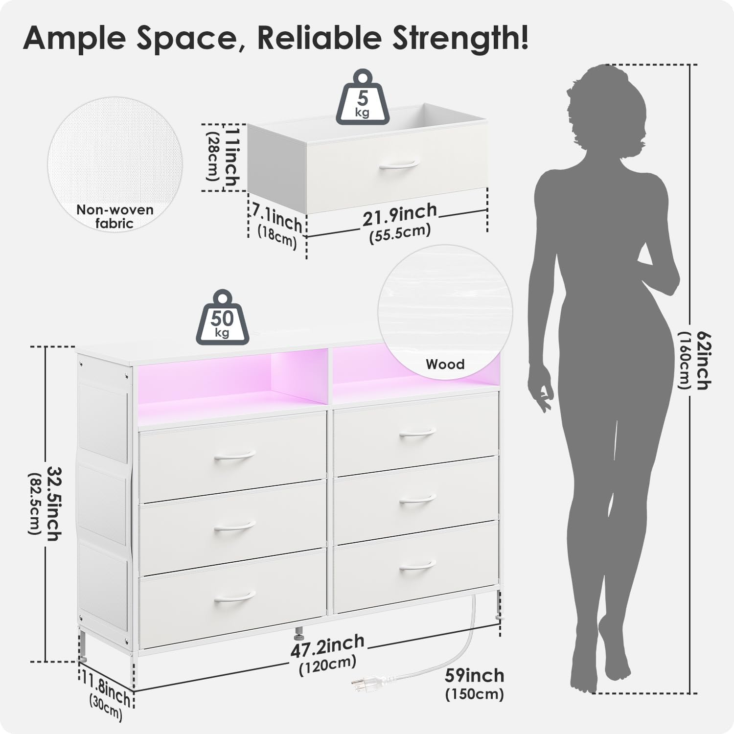 6 Drawer Dresser for Bedroom with LED Lights and Charging Station, Modern Wood Dressers with Extra Side Bag, Double Wide Drawer Cabinet TV Stand for up to 60" TV for Living Room (White)