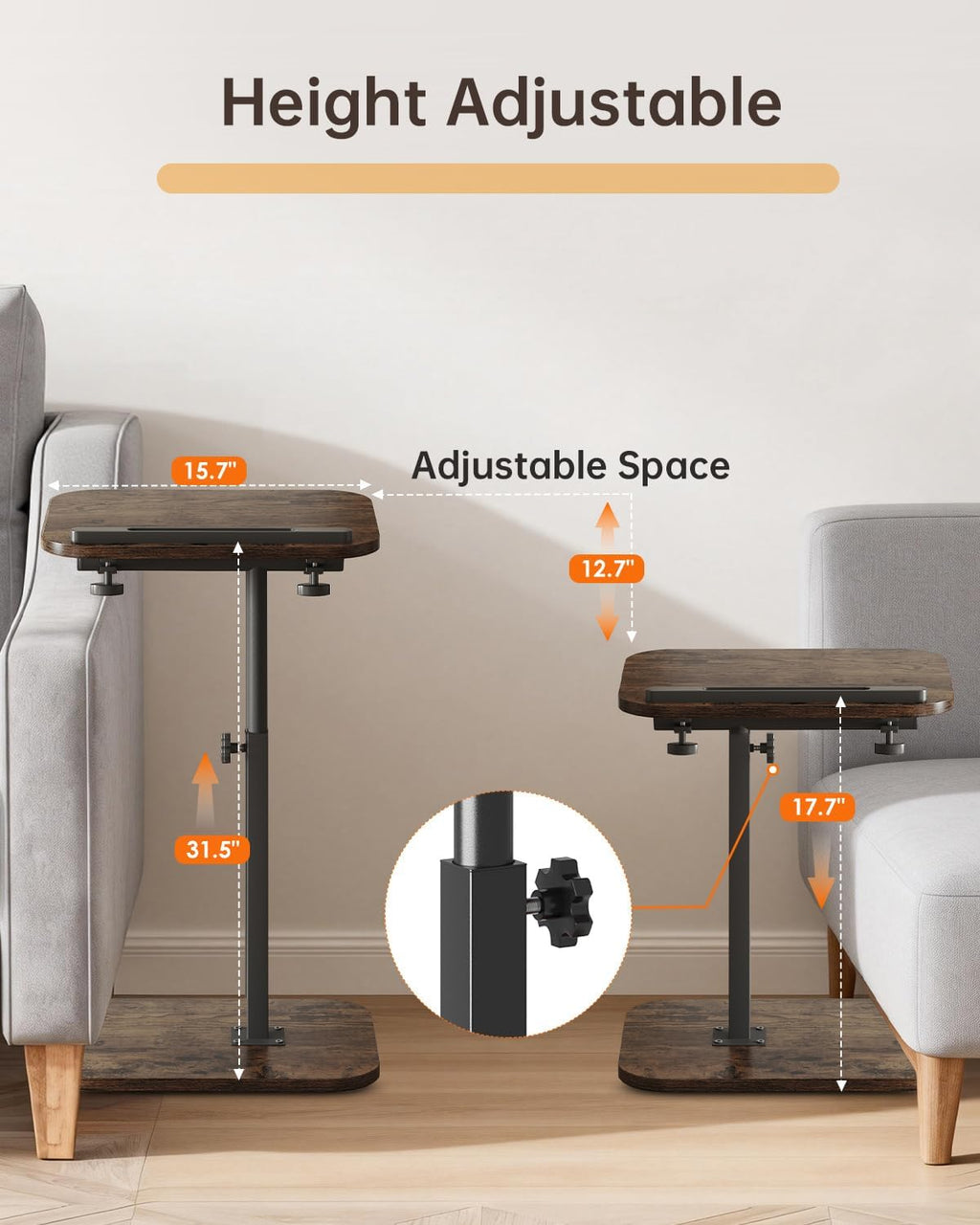C Shaped End Table with Adjustable Height & 360° Swivel Top, Side Table & TV Tray Table for Living Room, Bedroom, Small Spaces, Brown
