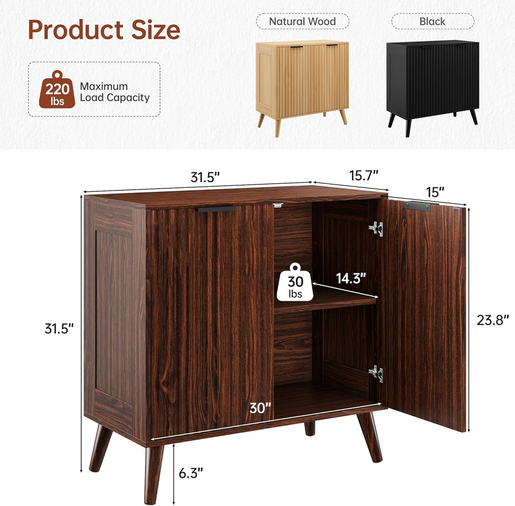 Fluted Sideboard Buffet Cabinet with Storage, Modern Sideboard Cabinet for Dining Room, Accent Credenza with Adjustable Shelves 2 Doors Storage Cabinets for Living Room|Kitchen, Walnut