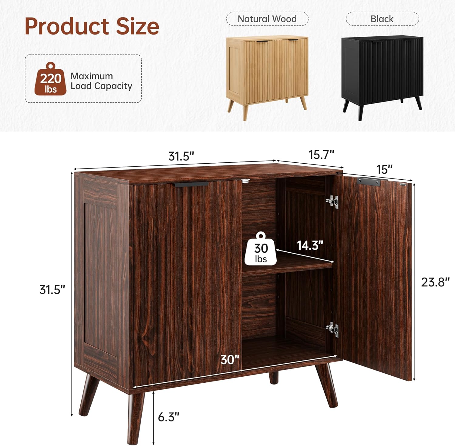 Fluted Sideboard Buffet Cabinet with Storage, Modern Sideboard Cabinet for Dining Room, Accent Credenza with Adjustable Shelves 2 Doors Storage Cabinets for Living Room|Kitchen, Walnut