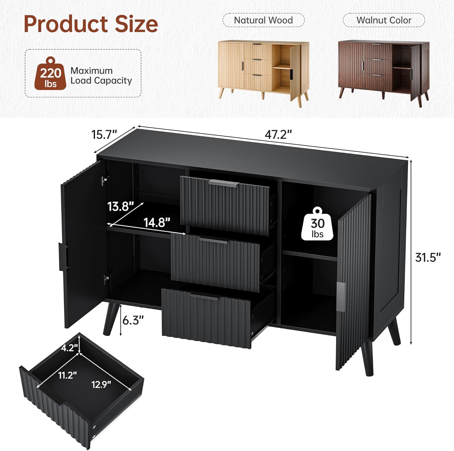 47" Black Sideboard Buffet Cabinet with 3 Drawers, Fluted Modern Buffet Cabinet with Storage, 2 Doors Sideboard Cabinets Accent Credenza for Dining Room|Living Room|Entryway