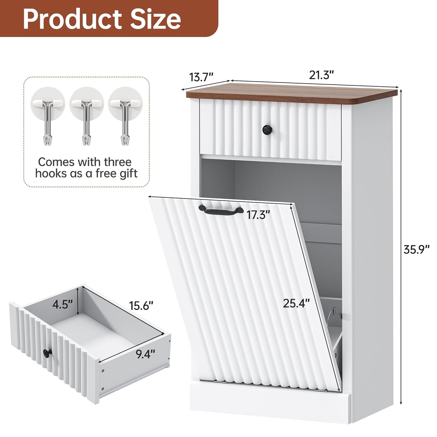 Tilt Out Trash Can Cabinet 10 Gallon, Wooden Laundry Hamper with Hideaway Drawer, Recycling Trash Can Storage for Kitchen Laundry Living Room (White, 10 Gallon)