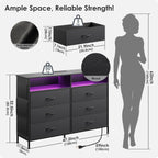 6 Drawer Dresser for Bedroom with LED Lights and Charging Station, Modern Wood Dressers with Extra Side Bag, Double Wide Drawer Cabinet TV Stand for up to 60" TV for Living Room (Black)