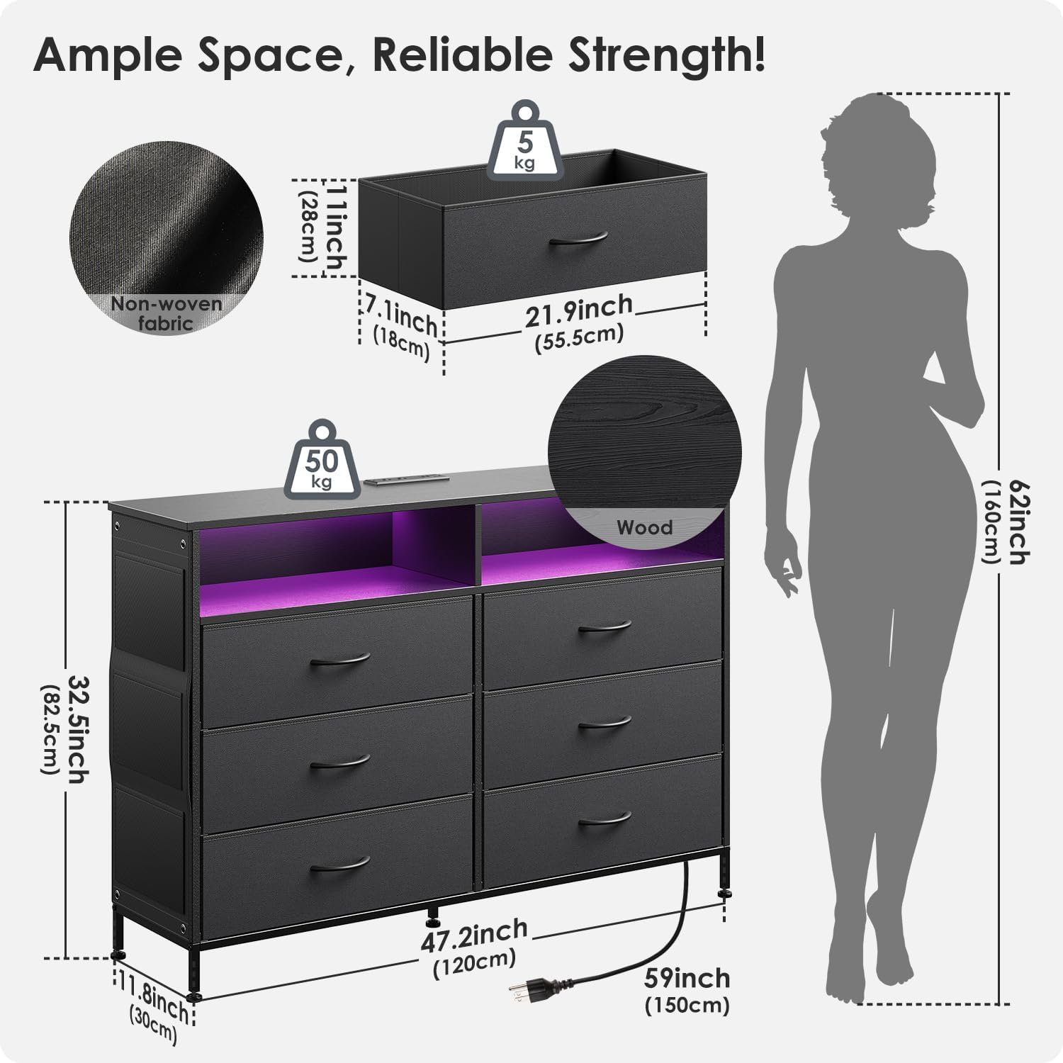 6 Drawer Dresser for Bedroom with LED Lights and Charging Station, Modern Wood Dressers with Extra Side Bag, Double Wide Drawer Cabinet TV Stand for up to 60" TV for Living Room (Black)