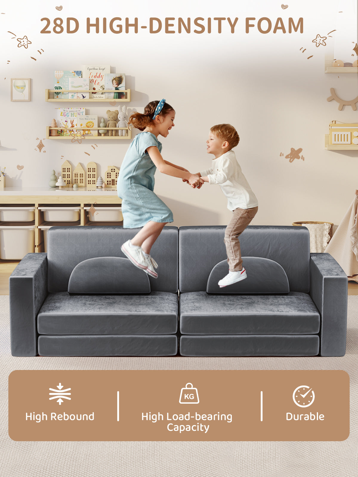 Modular Kids Play Couch, 10PCS Nugget Couch Kids for Boys and Girls, Child Sectional Sofa Versatile Kid Sofa for Playroom, Bedroom, Classroom, Grey