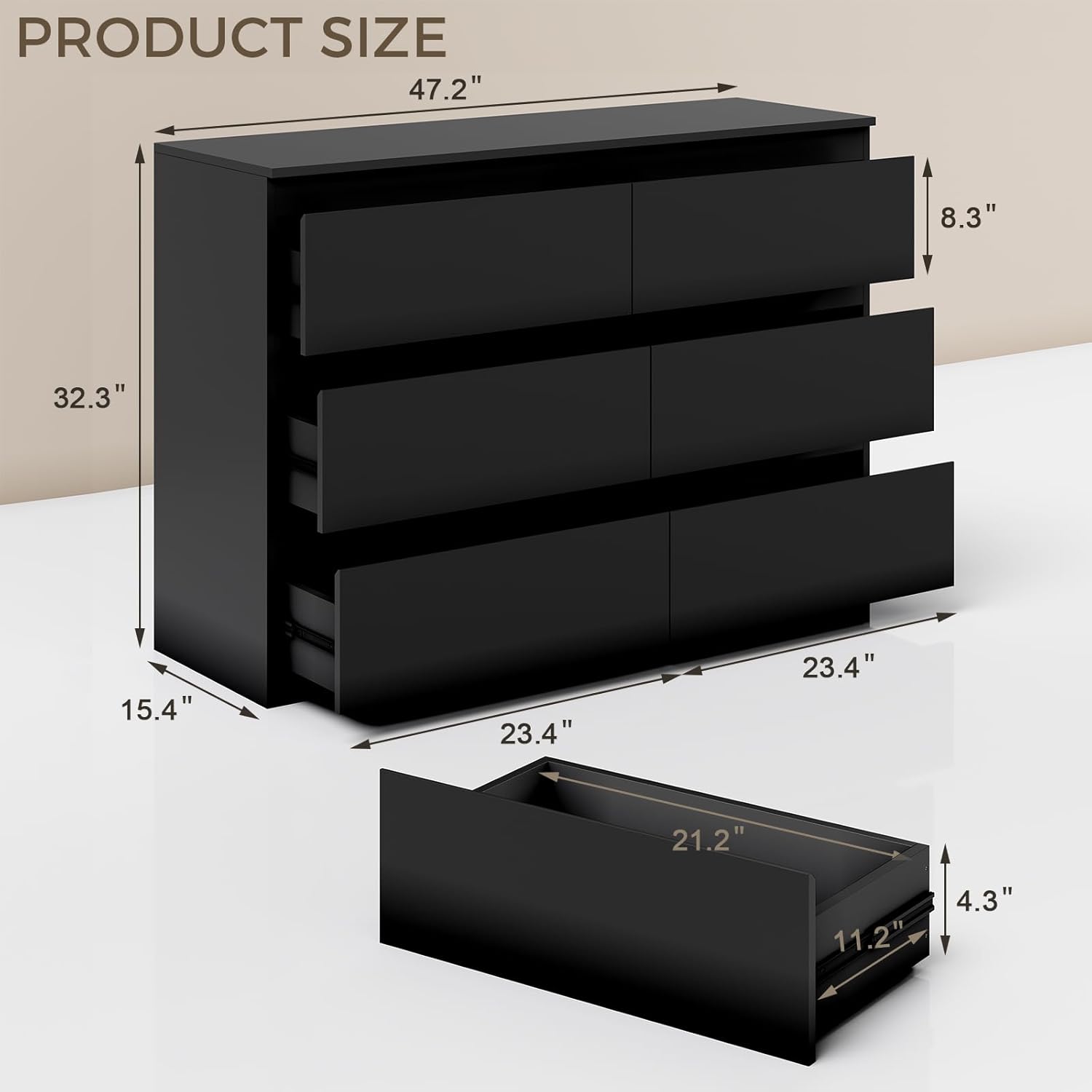Black Wood Dresser for Bedroom, 6 Drawer Dressers for Clothes Storage, Modern Dresser with Wide Drawers, Wide Wooden Chest Drawers for Living Room, Entryway, TV Stand(47" W x15.4 Dx32.3 H)