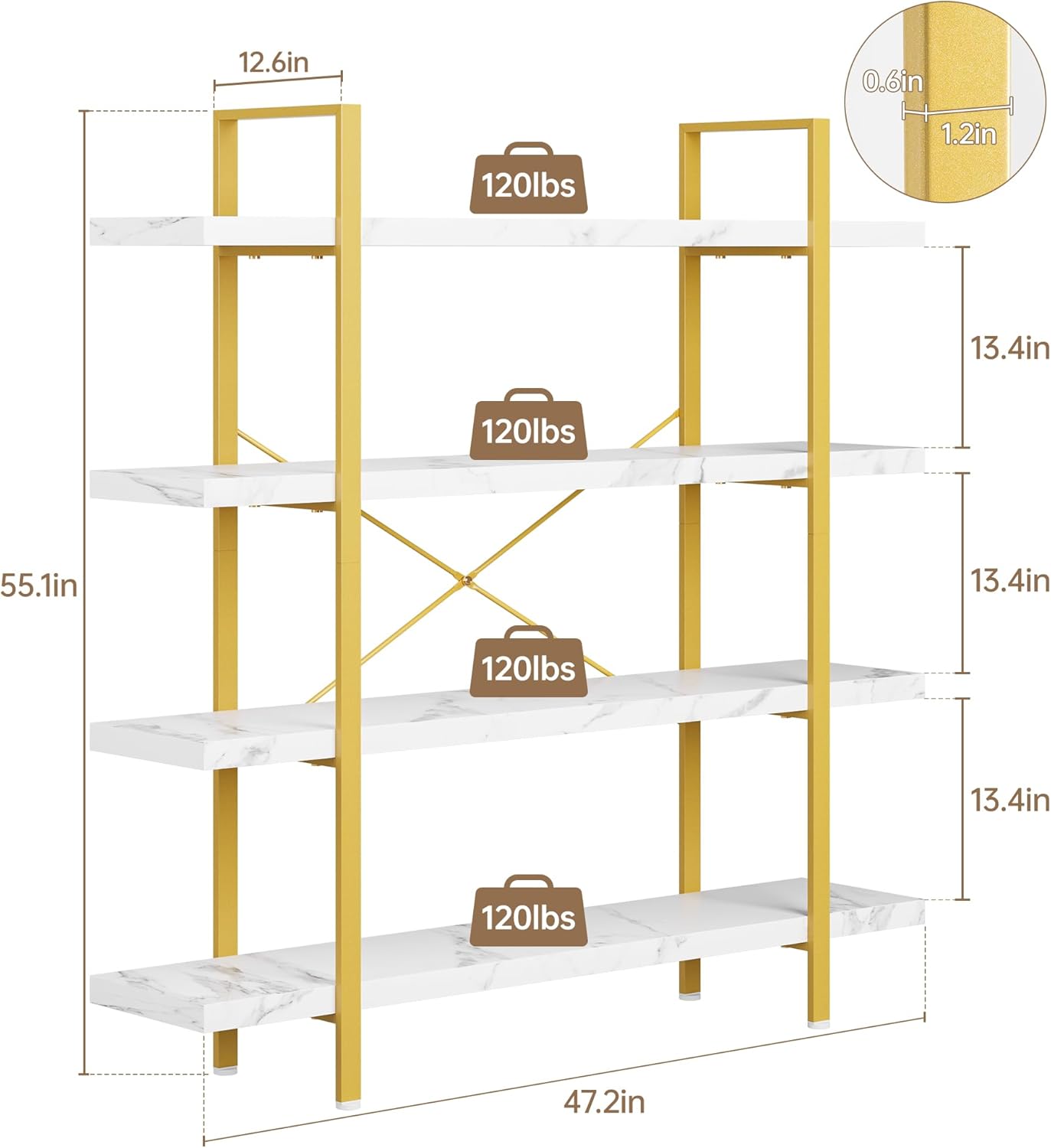 Heavy Duty 4-Tier Industrial Bookcase, 47" Wide Wood Bookshelf for Home Office, 120lbs Shelf Capacity, Shelving Display with Reinforced Horizontal Shelf for Living Room Bedroom,White