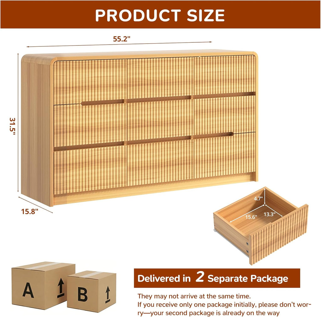 Fluted Dresser for Bedroom, 9 Drawer Dressers for Closet 55" Wide Large Wood Dresser Modern TV Stand, Wooden Clothes Storage Organizer Chest of Drawers for Living Room Hallway Entryway
