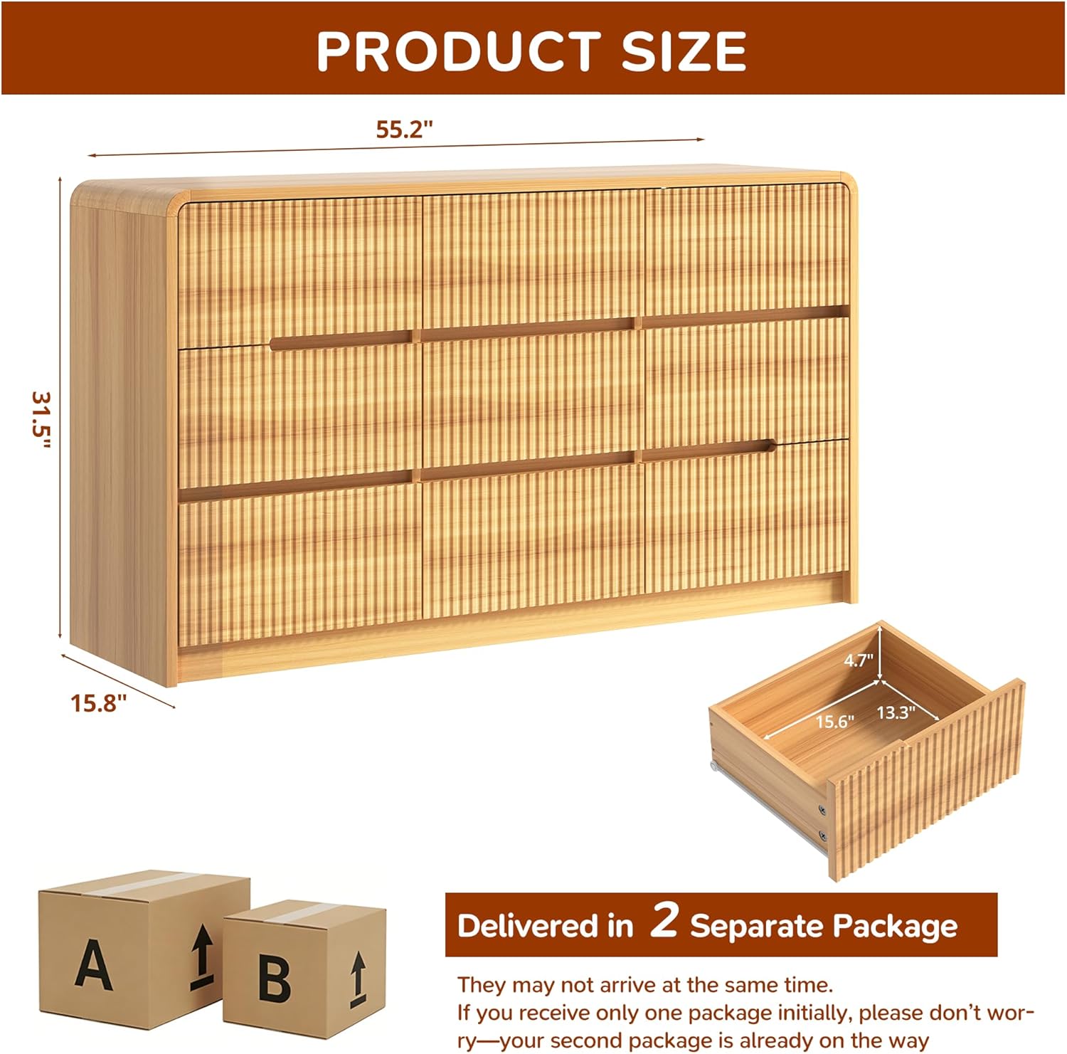 Fluted Dresser for Bedroom, 9 Drawer Dressers for Closet 55" Wide Large Wood Dresser Modern TV Stand, Wooden Clothes Storage Organizer Chest of Drawers for Living Room Hallway Entryway
