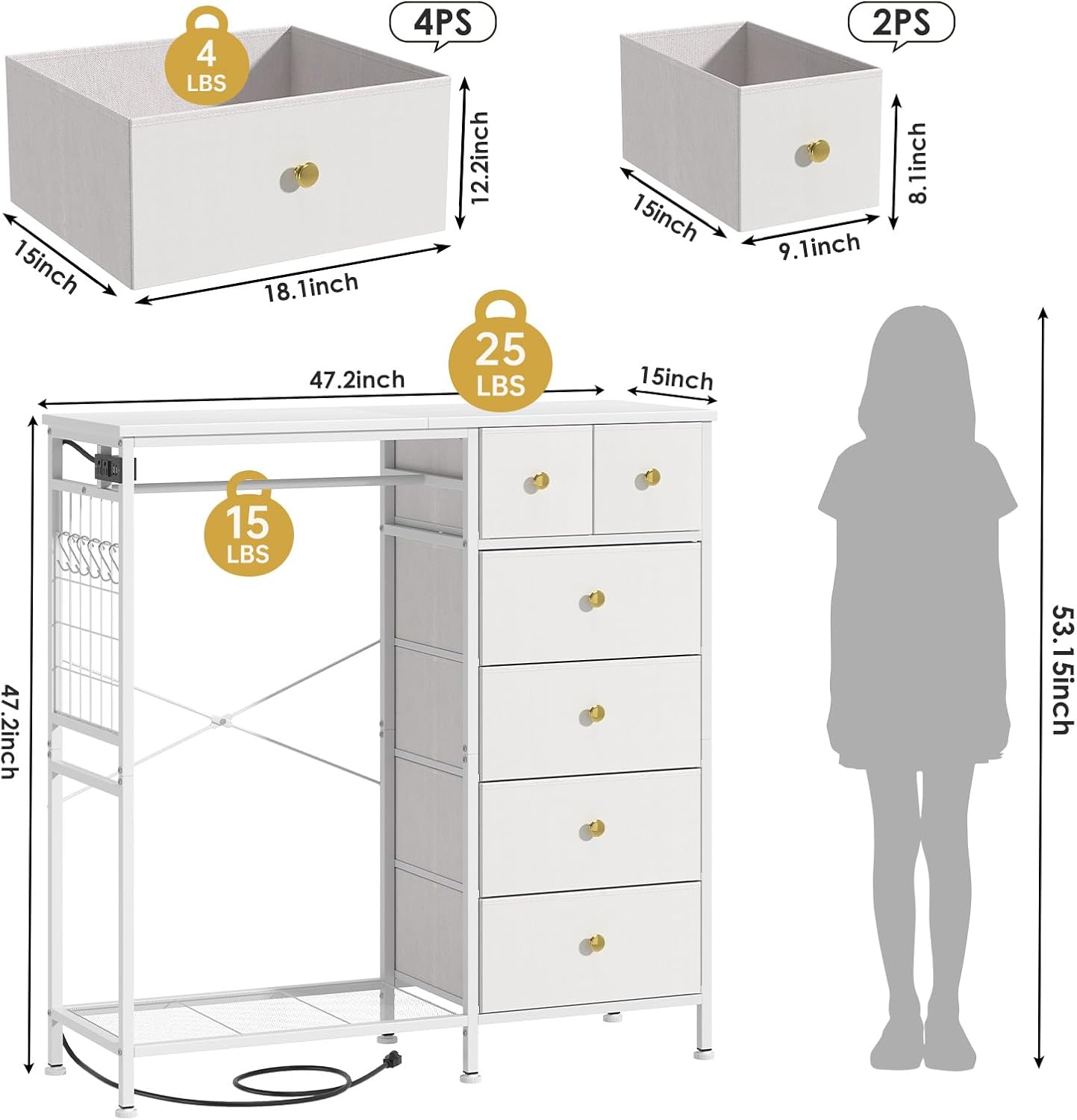 47.2" White Dresser with Hanging Rack, 2 in 1 Bedroom 6 Drawers Dresser with LED Lights & Charging Station, Wooden Dressers with Fabric Drawers and Clothing Rack for Girls, Kids