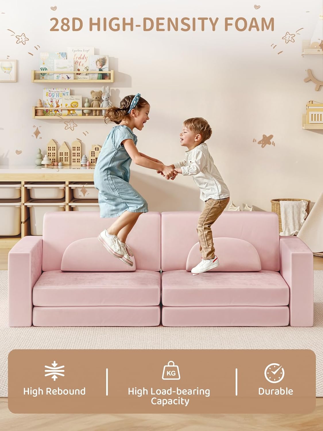 Modular Kids Play Couch, 10PCS Nugget Couch Kids for Boys and Girls, Child Sectional Sofa Versatile Kid Sofa for Playroom, Bedroom, Classroom, Pink