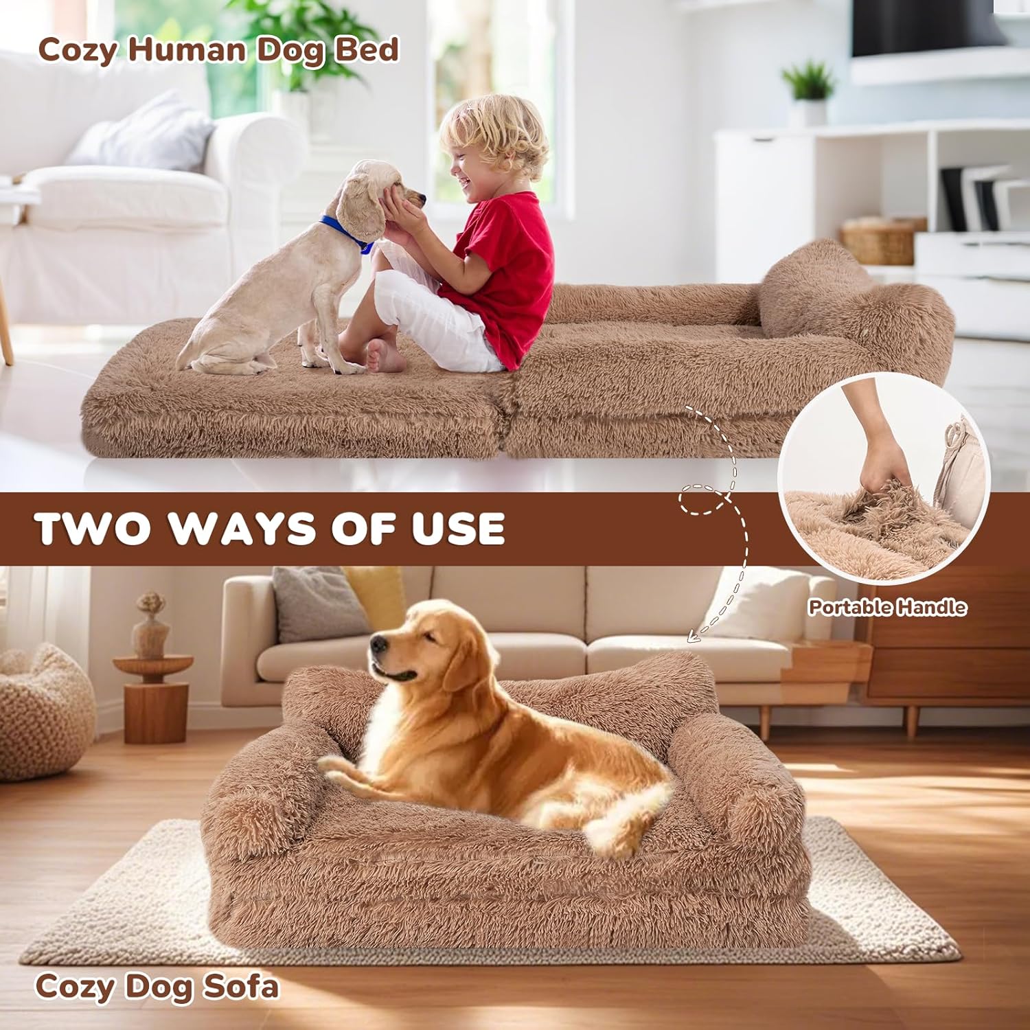 57" Foldable Human Dog Bed for Kids, Fluffy Faux Fur, Orthopedic Washable Dog Bed with Memory Foam and Water Repellent Liner Thick for Pet Installation Free (Brown)