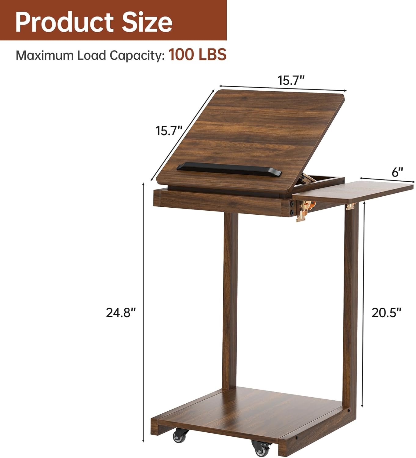 C Shaped End Table, Rolling Side Table with 4-Way Convertible Desktop, Wooden C Table with Multi-functional Folding Tray & Lockable Wheels, Side Table for Couch, Living Room, Bedroom,Walnut