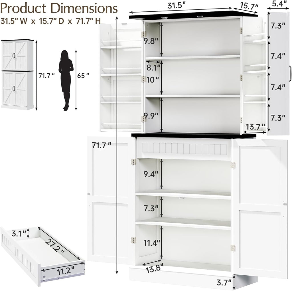 72" Tall Pantry Cabinet, 31.5" W Larger Farmhouse Kitchen Pantry Cabinet with Barn Doors, Hidden Drawer and 4 Shelves, Wood Versatile Storage Cabinet for Kitchen, Dining Room, Living Room