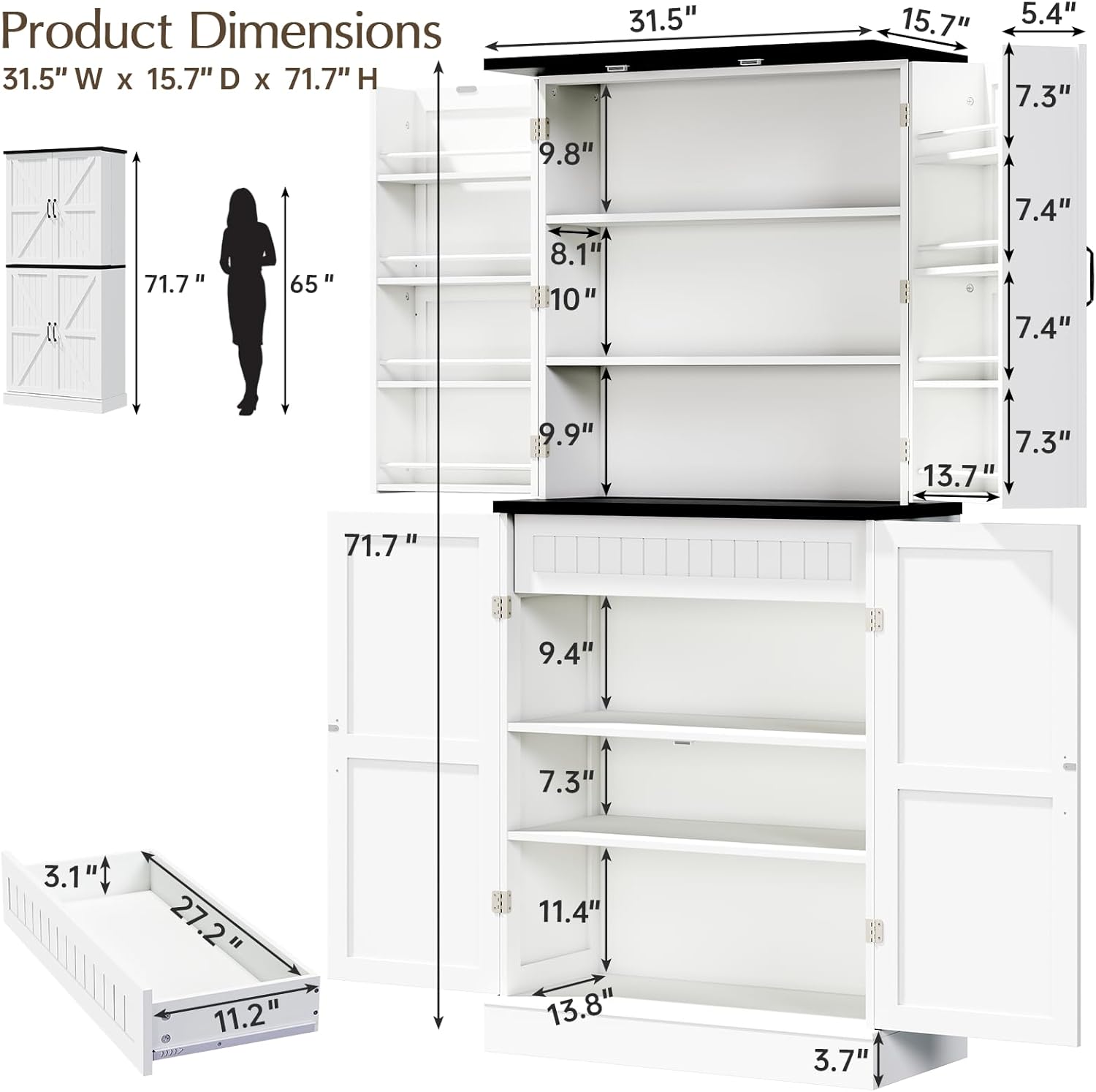 72" Tall Pantry Cabinet, 31.5" W Larger Farmhouse Kitchen Pantry Cabinet with Barn Doors, Hidden Drawer and 4 Shelves, Wood Versatile Storage Cabinet for Kitchen, Dining Room, Living Room