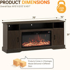 70 inch Fireplace TV Stand for Living Room, Electric Fireplace TV Stand with 12 Colors of 3D Flame & Heating, Entertainment Center with Storage Cabinet (Brown, Wavecrest)