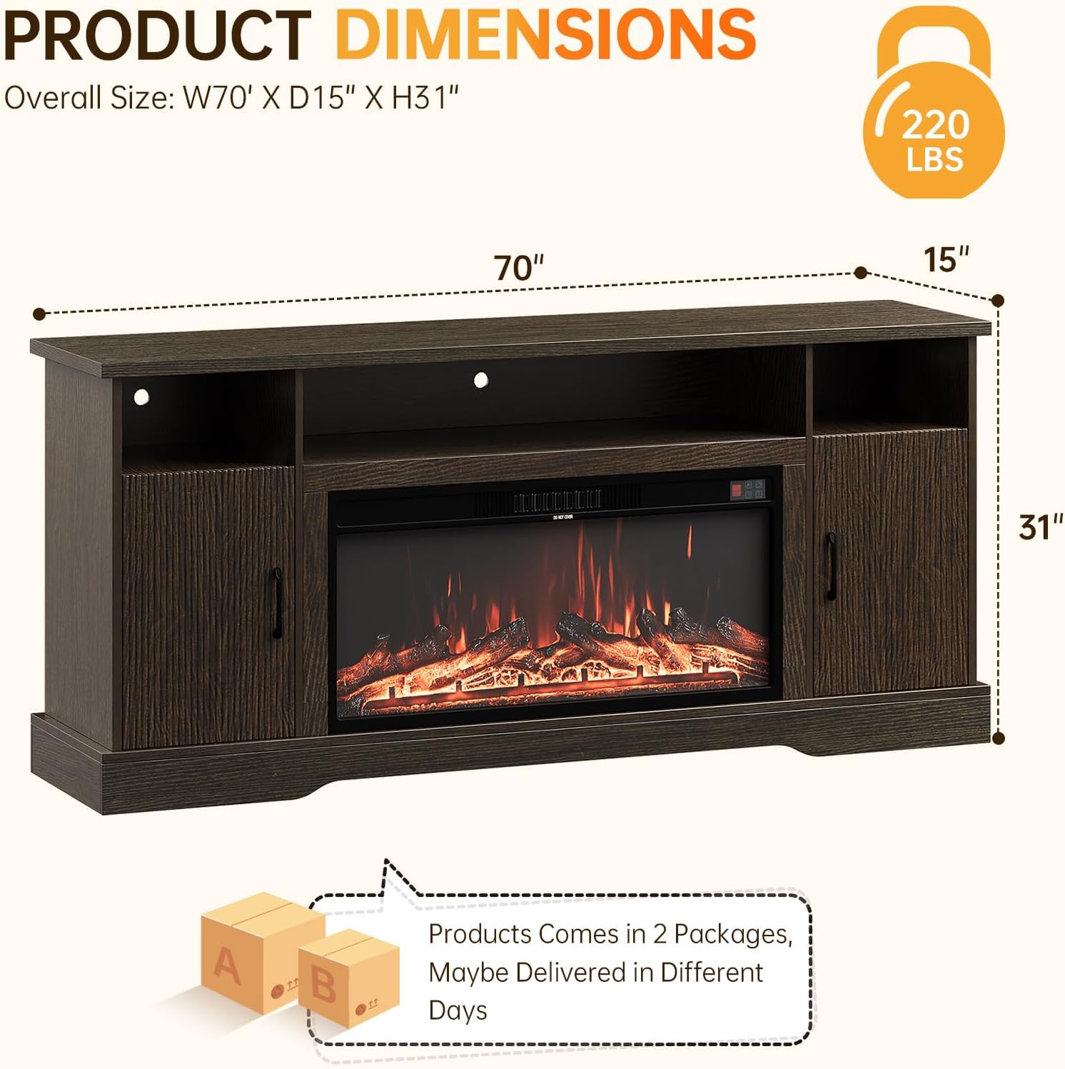 70 inch Fireplace TV Stand for Living Room, Electric Fireplace TV Stand with 12 Colors of 3D Flame & Heating, Entertainment Center with Storage Cabinet (Brown, Wavecrest)