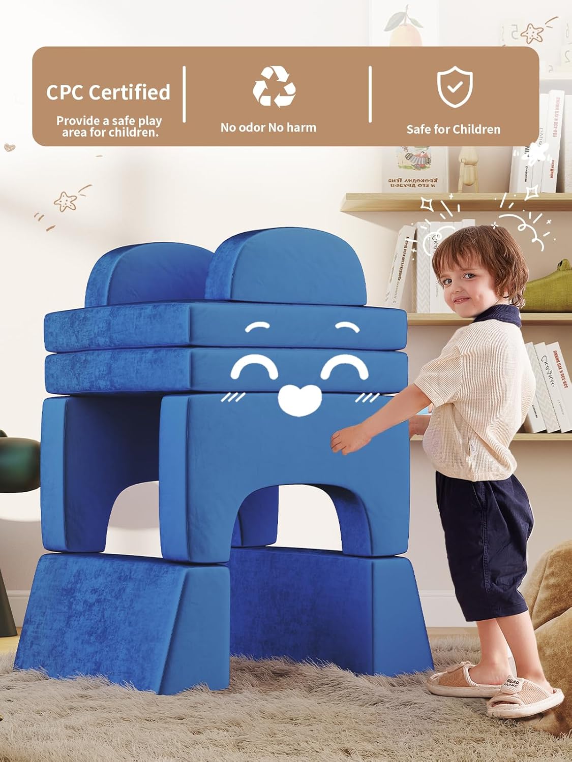 Modular Kids Play Couch, 10PCS Nugget Couch Kids for Boys and Girls, Child Sectional Sofa Versatile Kid Sofa for Playroom, Bedroom, Classroom, Navy Blue